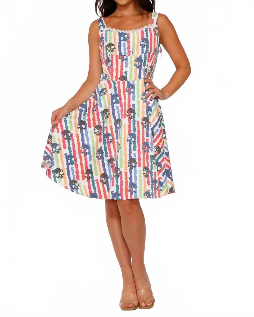 NEW ORCHID BLOOM skulls rainbow swing dress in white multi